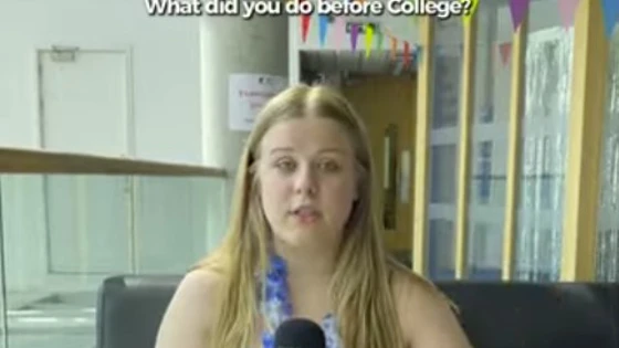 Yalena, an HNC Applied Science student at Glasgow Kelvin College, speaking during a student Q&A session while seated on a black sofa with bunting in the background. Yalena, an HNC Applied Science student at Glasgow Kelvin College, speaking during a student Q&A session while seated on a black sofa with bunting in the background.